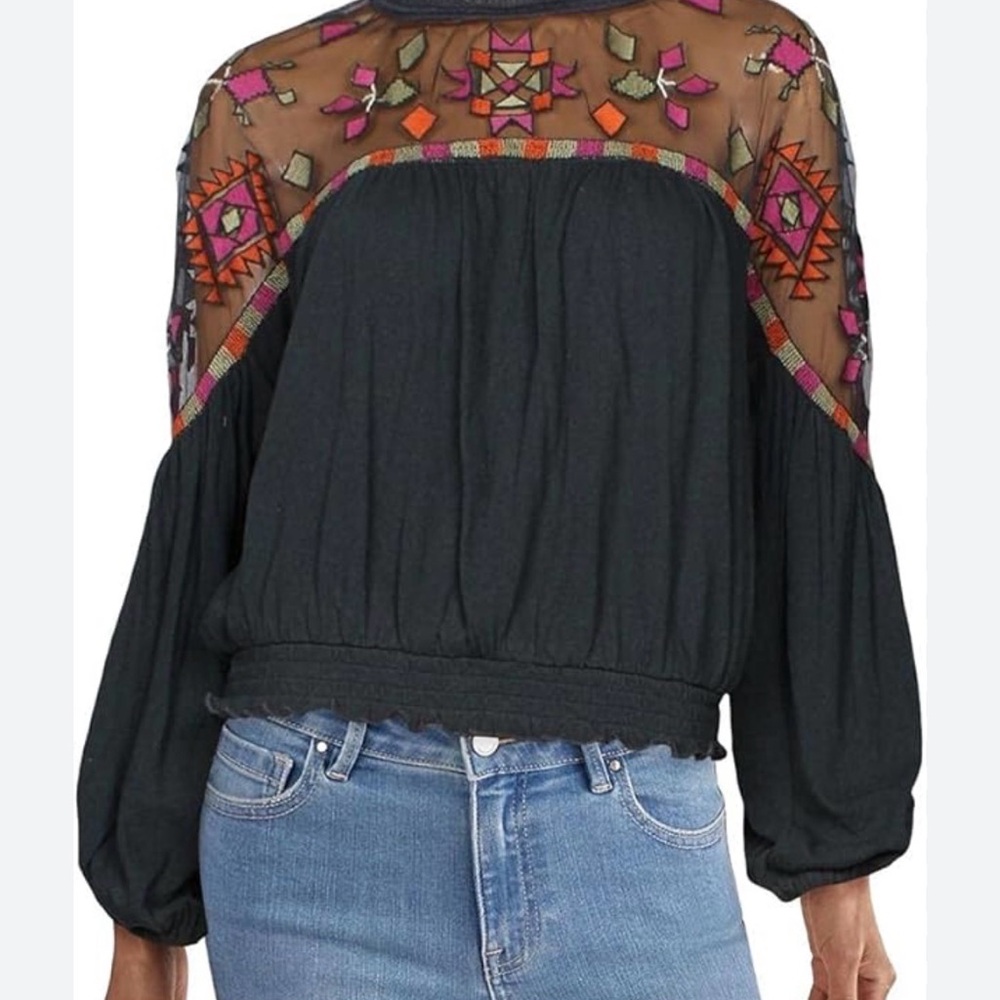 Free People Black Top with Colorful Embroidered Sheer Yoke